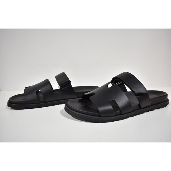 Hermes Chypre Sandal Mens Black Leather H Logo Strap Slide Slip On Flat 44 11 - Picture 9 of 12